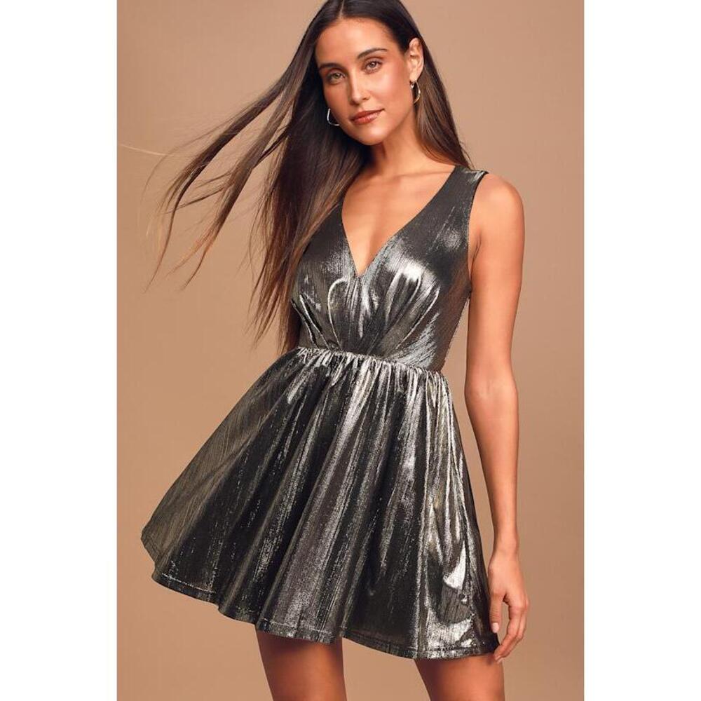 Lulus Under The Lights Gold Metallic Skater Mini Dress - Size M